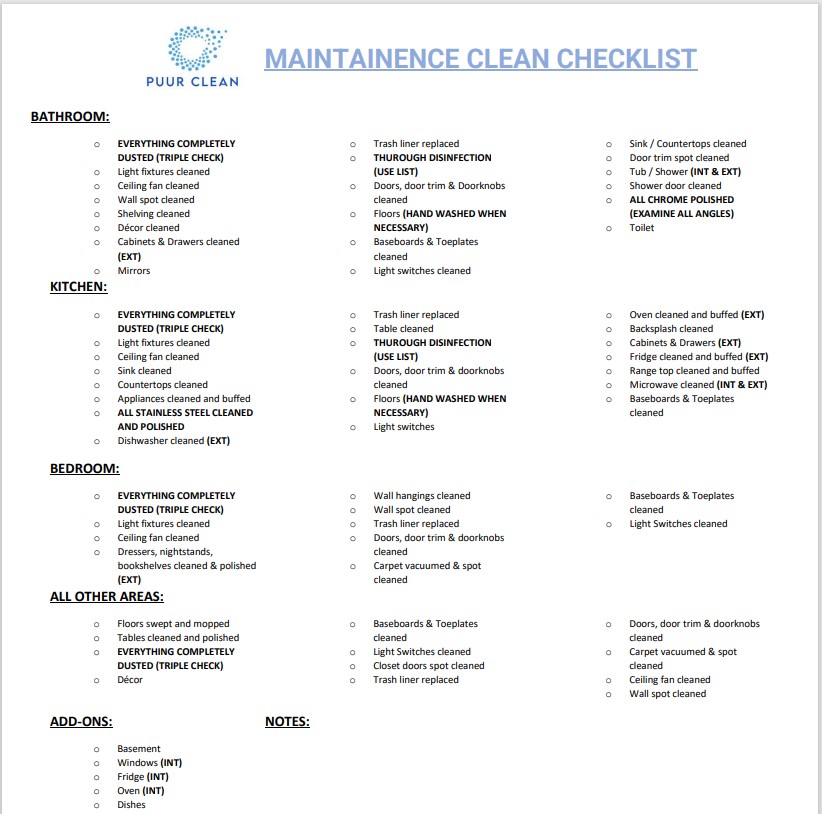 checklist for our maintenance cleaning