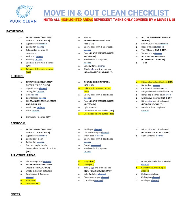 Move out/move in cleaning checklist